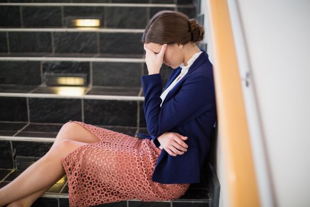 Worried businesswoman sitting on steps - Download Free Stock Photos Pikwizard.com