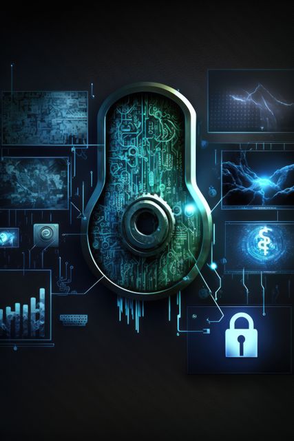 Padlock and screens with data processing and circuit board, created using generative ai technology. Global online security, digital interface and data processing concept digitally generated image.