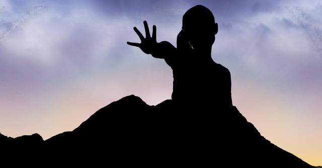 Silhouette girl showing palm on mountain against sky - Download Free Stock Photos Pikwizard.com
