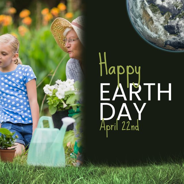 Image of happy earth day text over globe and caucasian grandmother with granddaughter in garden. International earth day, nature and celebration concept digitally generated image.