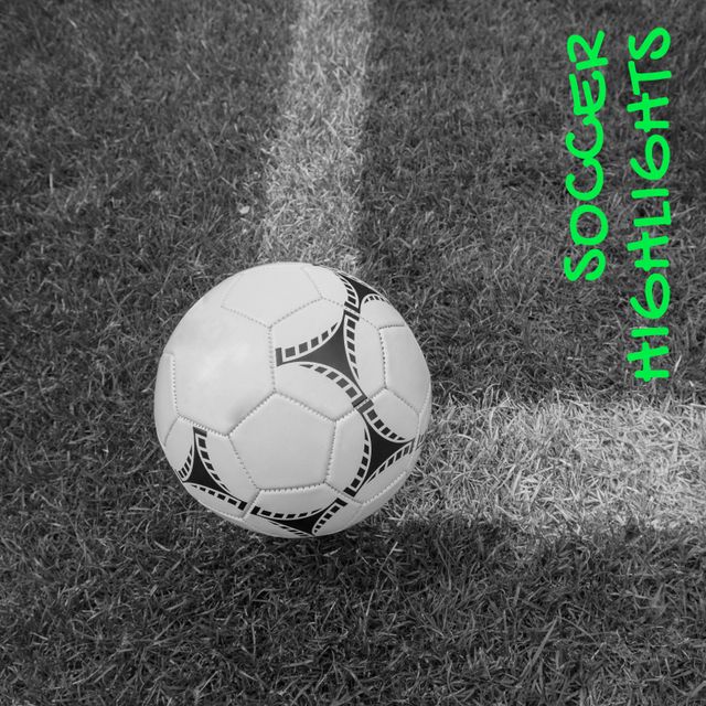 Composition of soccer highlights text over football on grass pitch background. Football, soccer, sports and competition concept.