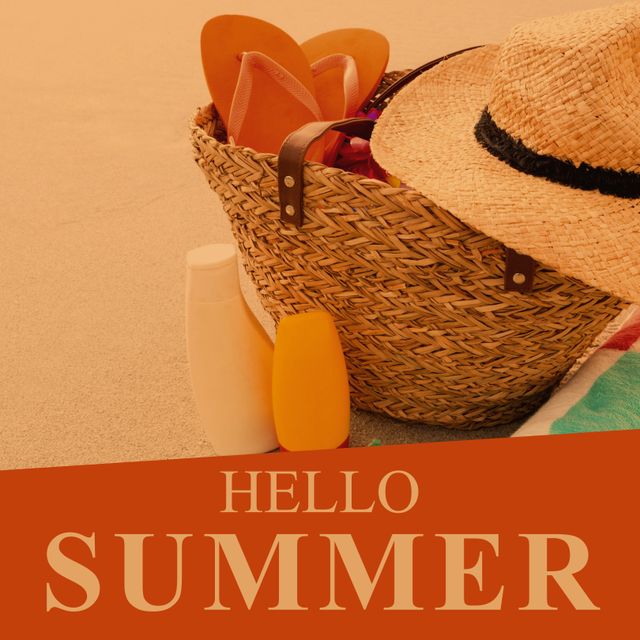 Composition of hello summer text over summer basket and sunhat on beach. Hello summer, sea and vacation concept digitally generated image.