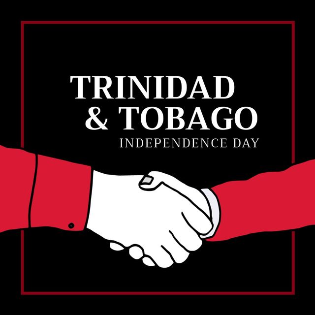 Illustration of cropped people shaking hands and trinidad and tobago independence day text. Black background, copy space, red, white, togetherness, patriotism, celebration, freedom and identity.