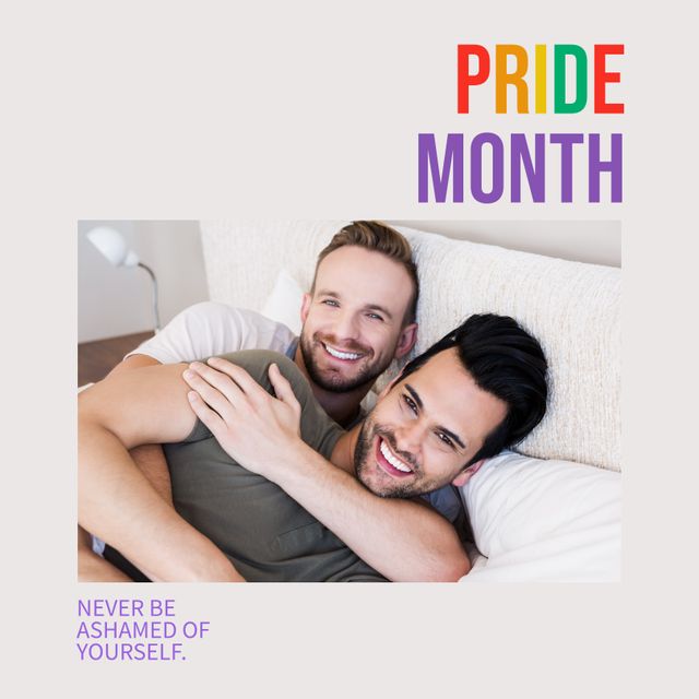 Composition of pride month text and happy diverse male gay couple. Pride month, human rights, equality and lgbtq concept digitally generated image.