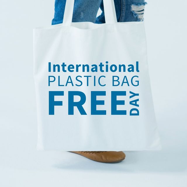 Digital composite image of international plastic bag free day text on white textile bag. awareness and nature conservation concept, celebration, plastic bags free day.
