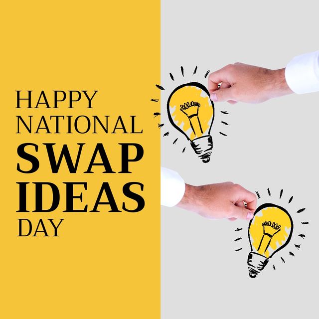 Composite of cropped hands of caucasian man with light bulbs and happy national swap ideas day text. Copy space, yellow, vector, thoughts, brainstorming, exchanging, potential and holiday concept.