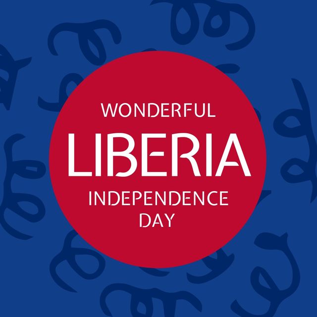 Illustration of wonderful liberia independence day text on pink circle with blue scribbles. copy space, blue background, patriotism, celebration, freedom and identity concept.