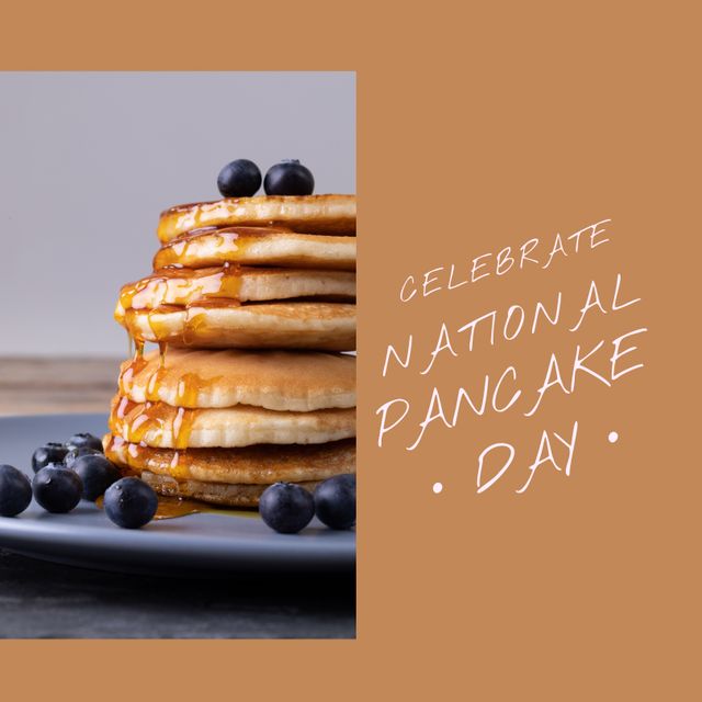 Square image of pancake day text and pancakes with berries over brown background. National pancake day concept.