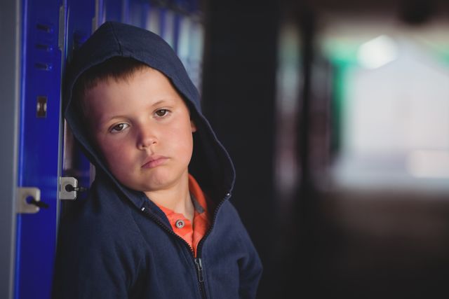 Portrait of sad boy leaning on locker - Download Free Stock Photos Pikwizard.com