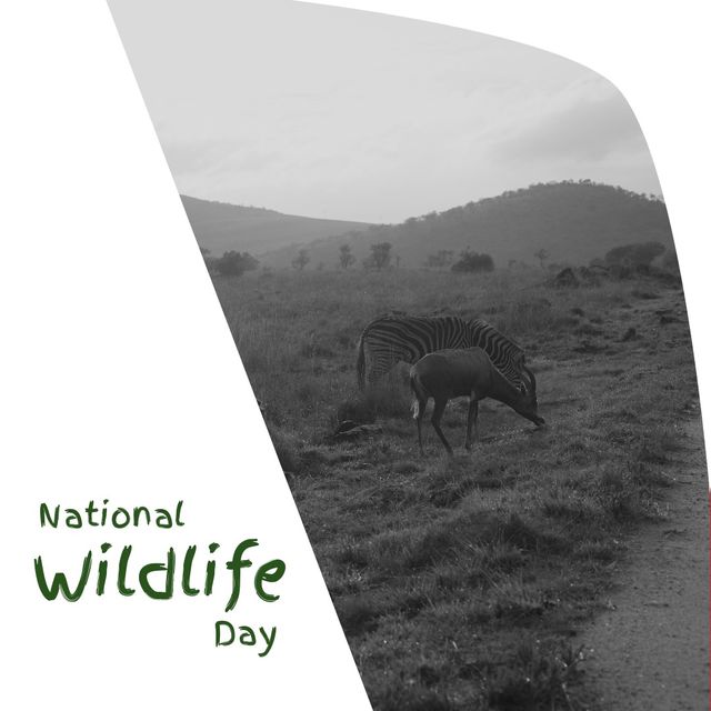 Digital composite image of zebra and deer on land with national wildlife day text, copy space. Celebration, raise awareness, wild fauna and flora, protection and conservation.