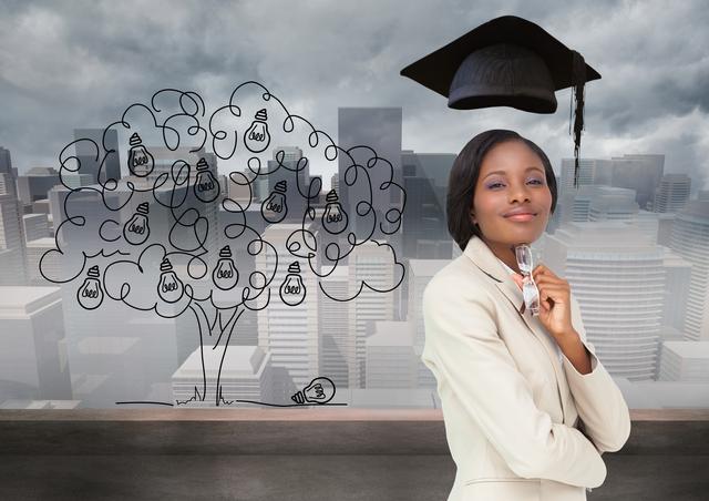 Confident businesswoman with graduation cap against cityscape in background - Download Free Stock Photos Pikwizard.com