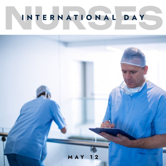 Composite of may 12 and international nurses day text over multiracial nurses working in hospital. Copy space, team, healthcare, awareness, honor and celebration concept.
