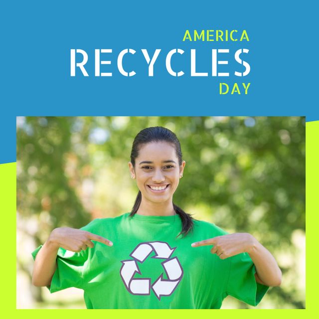 Composition of america recycles day text over biracial woman wearing tshirt with recycling symbol. America recycles day and celebration concept digitally generated image.