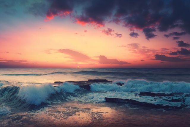 Sunset scenery with ocean, rock and sky with clouds created using generative ai technology. Landscape and nature concept digitally generated image.