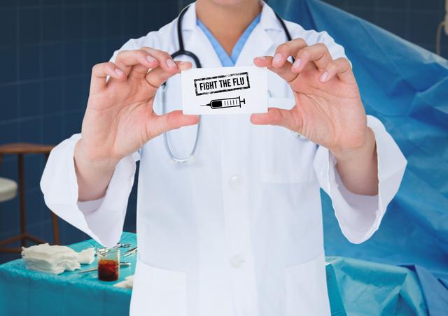 Mid-section of doctor holding paper with text and syringe sign in hospital