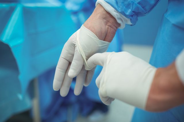Male surgeon removing surgical gloves in operation theater at hospital