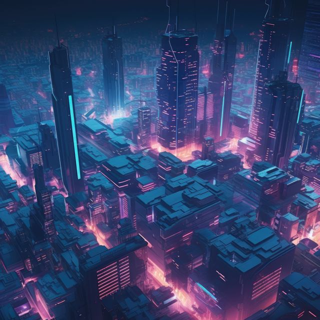 Skyscrapers and purple neon lights at night in cityscape, created using ...