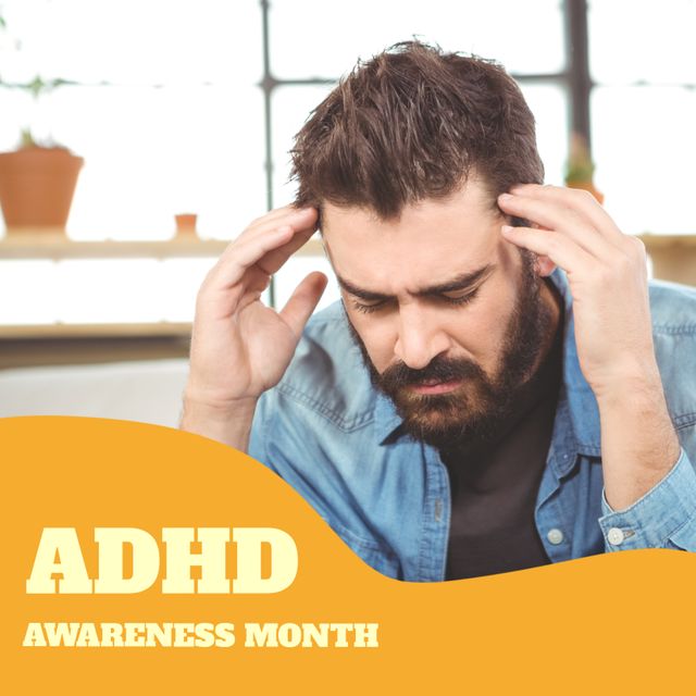 Digital composite image of stressed caucasian mid adult man worrying, adhd awareness month text. Copy space, raise awareness, support, effective treatment, healthcare.