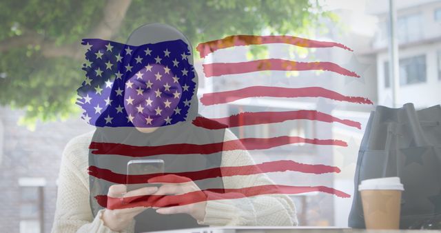A mixed-race woman in a hijab with an American flag overlay symbolizes cultural diversity. - Download Free Stock Photos Pikwizard.com