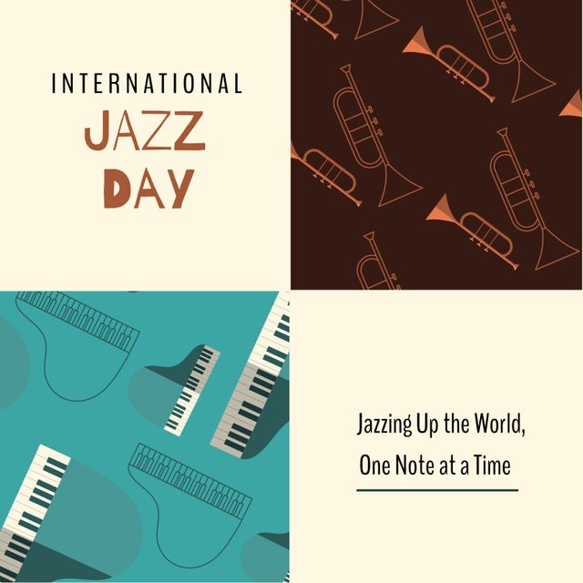 Illustration of trumpets, pianos, international jazz day and jazzing up the world, one note a time. Copy space, text, vector, music, togetherness, celebration, community, arts and culture concept.