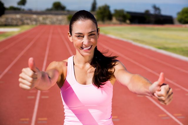 Portrait of female athlete showing her thumbs up - Download Free Stock Photos Pikwizard.com