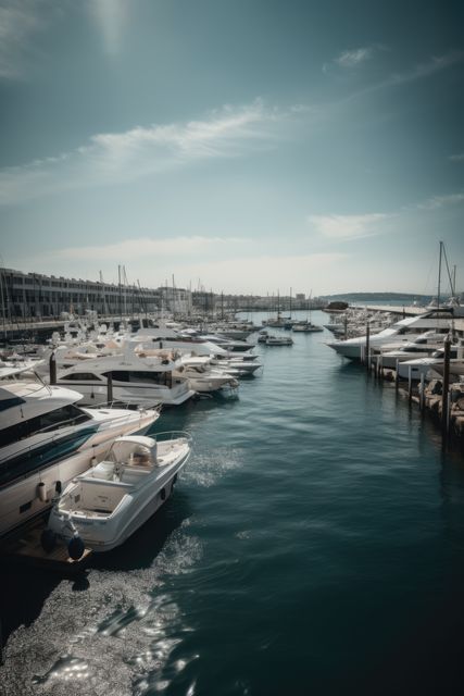 General view of port with sailing boats, sea and sky created using generative ai technology. Travel, sailing and seaside concept digitally generated image.