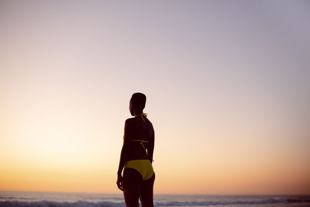 Thoughtful woman in bikini standing on the beach - Download Free Stock Photos Pikwizard.com