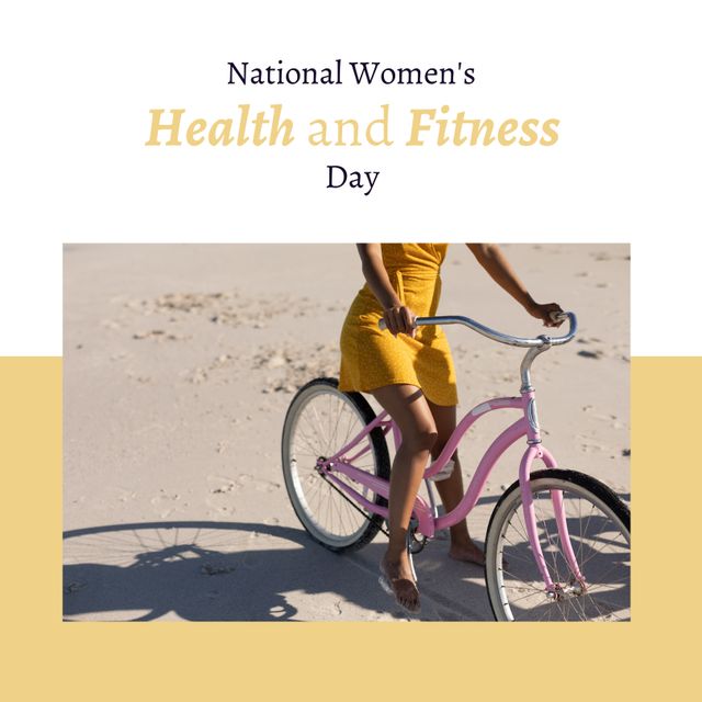 Low section of biracial young woman with bicycle at beach, women's health and fitness day text. Copy space, digital composite, exercise, support, healthcare, awareness and celebration concept.