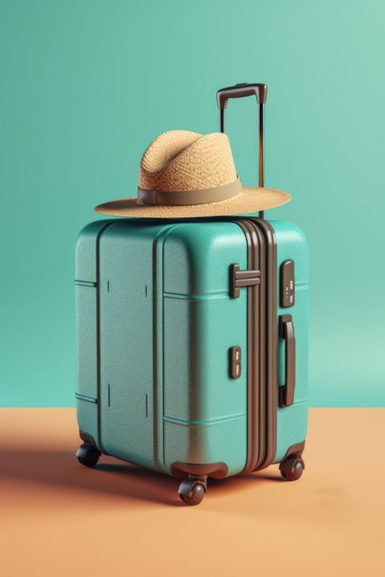 Sunhat on turquoise wheeled suitcase on turquoise background, created using generative ai technology. Travel, exploration and vacations, digitally generated image.