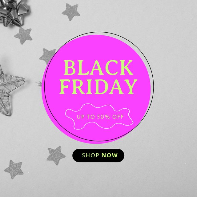 Composition of black friday up to 50 percent off shop now text over decorations on grey background. Black friday, shopping and retail concept digitally generated image.