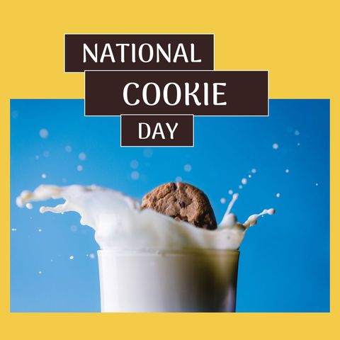 Composite of national cookie day text with cookie falling in glass of milk over blue background. Copy space, biscuits, food, holiday, sweet, tradition and celebration concept.