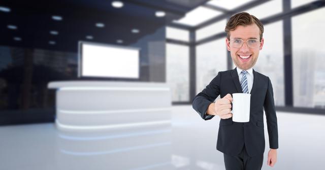 Digital composite of Nerd businessman holding coffee cup in office