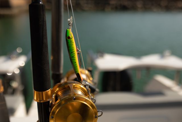 Close up detail of fishing rods standing up on a boat from Pikwizard