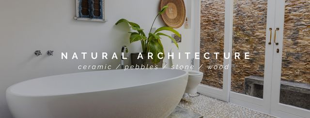 Composition of natural architecture text over bathroom interior with bath and toilette. Banner maker concept digitally generated image.
