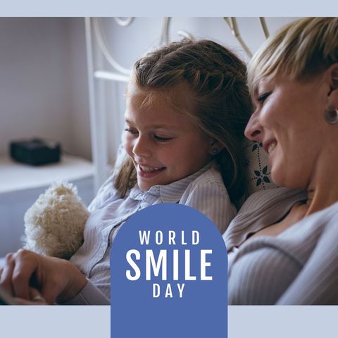 Composition of world smile day text over caucasian woman and her daughter. World smile day and celebration concept digitally generated image.