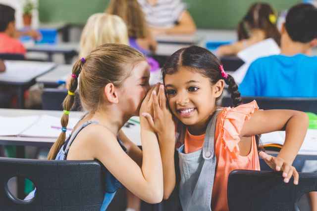 Schoolgirl whispering into her friend s ear in classroom at school
