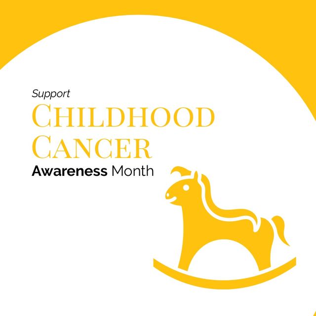 Illustration of rocking horse and support childhood cancer awareness month text on white background. Toy, copy space, cancer, gold, yellow, disease, awareness, support, healthcare and prevention.