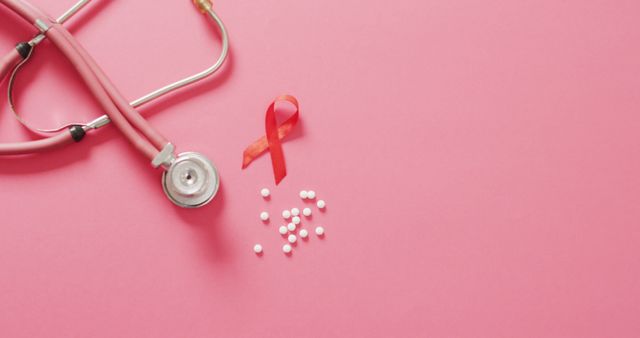 Image of stethoscope, pills and pink ribbon on pink background - Download Free Stock Photos Pikwizard.com