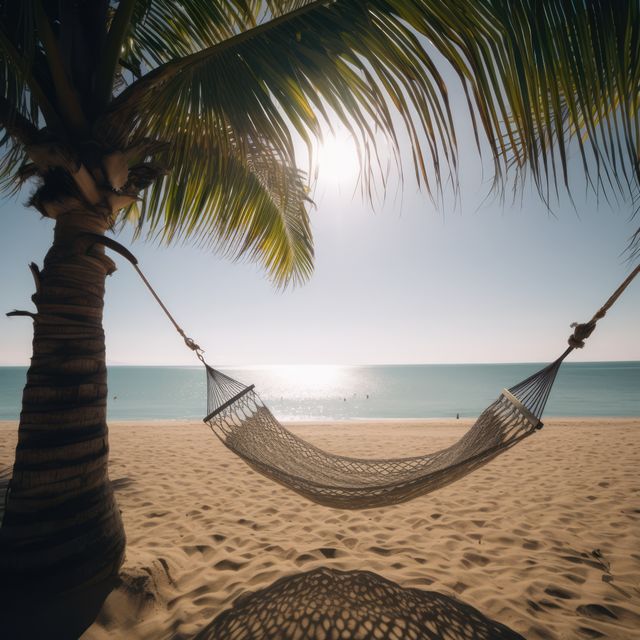 Wicker hammock on beach with palm tree, created using generative ai ...