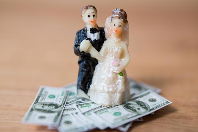 Conceptual image of miniature bridal couple standing on bank note