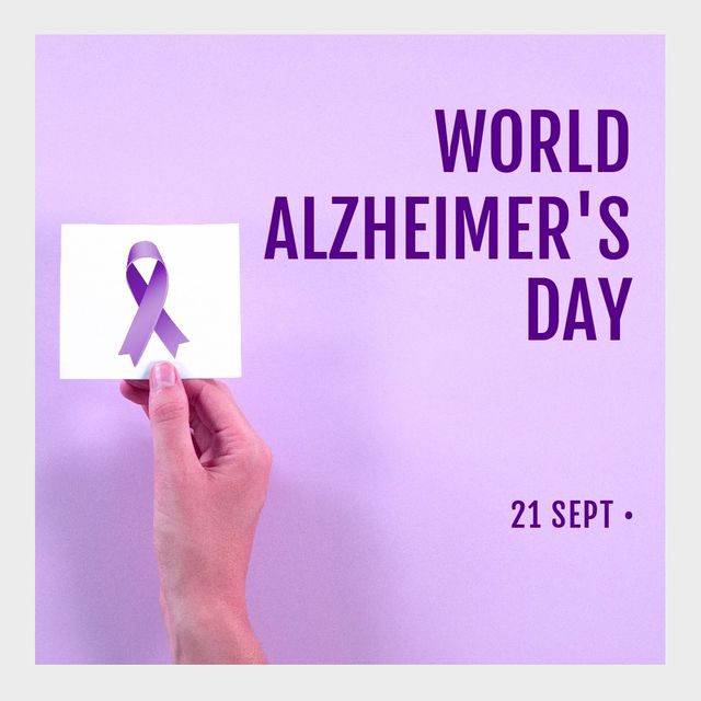 Composite of caucasian woman's hand with purple ribbon photo and world alzheimer's day with 21 sept. Text, copy space, support, disease, healthcare, awareness and campaign concept. .