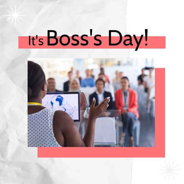 Image of its boss day over back view of african american woman making presentation. Business, work and boss day concept.