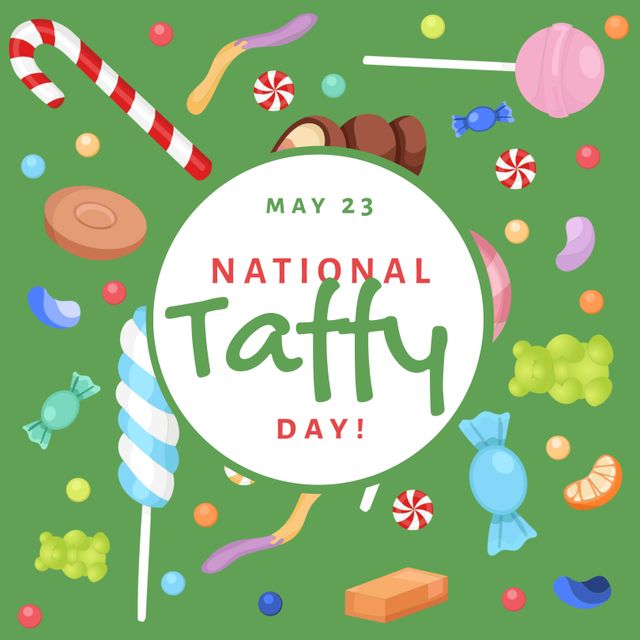 Composition of national taffy day text over sweets. Templates, celebration and background concept, digitally generated image.