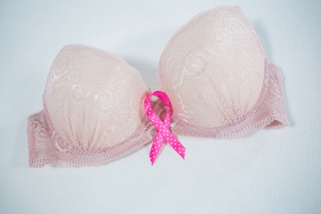 High angle view of spotted pink Breast Cancer ribbon on bra - Download Free Stock Photos Pikwizard.com