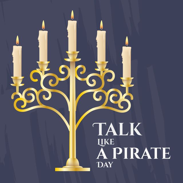Illustration of illuminated candles on stand with talk like a pirate day text on gray background. Copy space, holiday, romanticized view of golden age of piracy, talk exclusively in pirate lingo.