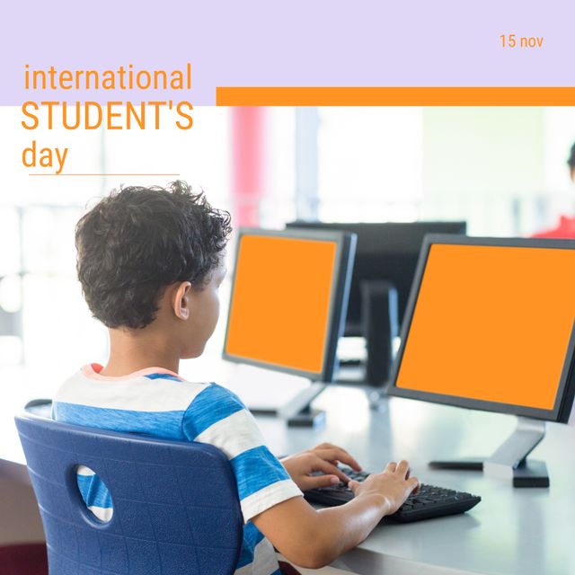 Composition of international student's day text over biracial schoolboy using computer. International student's day and celebration concept digitally generated image.