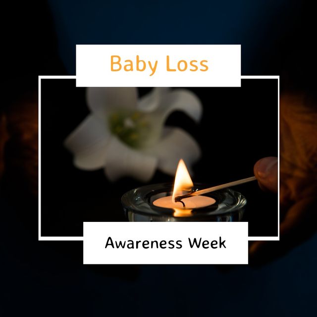 Image of baby loss awareness week text over lit candle and flower in white frame. Baby loss awareness week campaign.