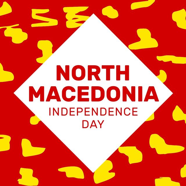 Illustration of north macedonia independence day text on red background with yellow patterns. Vector, patriotism, celebration, freedom and identity concept.