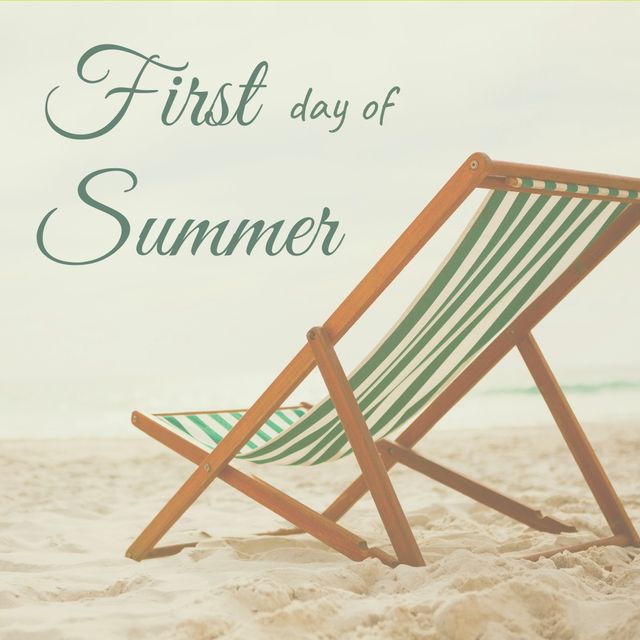Digital composite image of first day of summer text by empty folding chair on sand at beach - Download Free Stock Templates Pikwizard.com