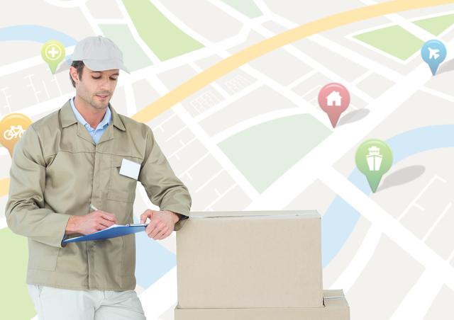 Delivery man writing on clipboard with location map in background - Download Free Stock Photos Pikwizard.com